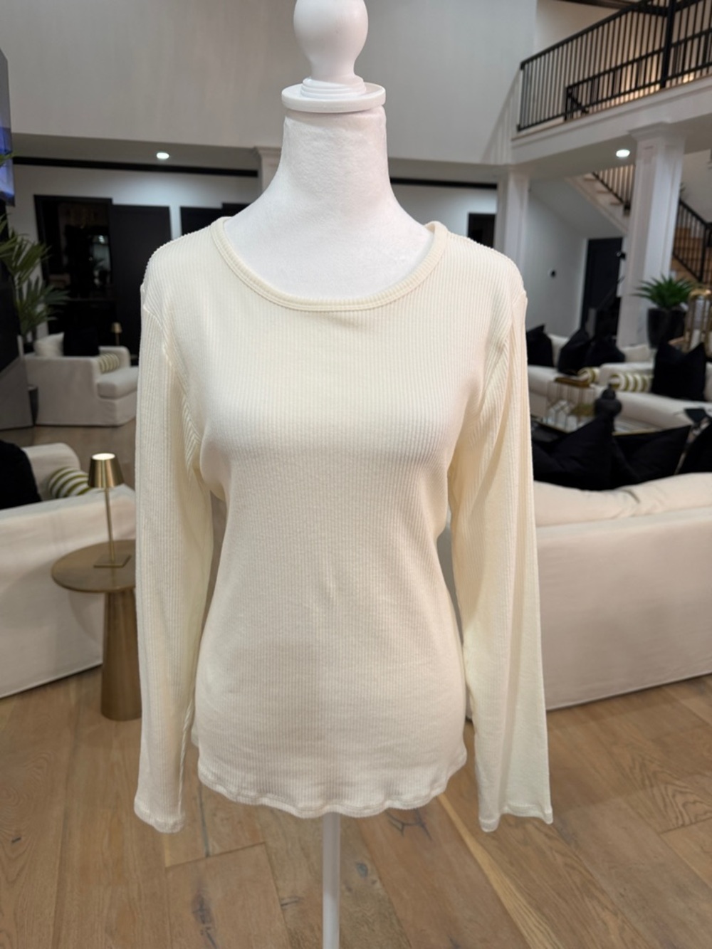 Old Navy Cream Ribbed Long-Sleeve Crewneck Top